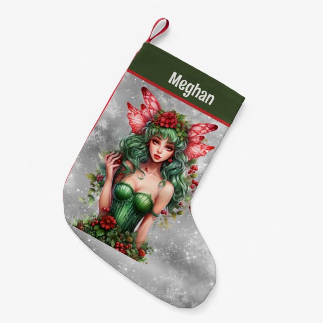 Calcetín Navideño Pequeño navidades festivos acuarela hada añadir nombre (Frente (Colgado))