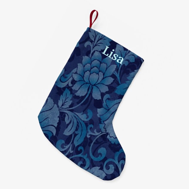 Calcetín Navideño Pequeño Navidades florales azules personalizados descansan (Frente (Colgado))