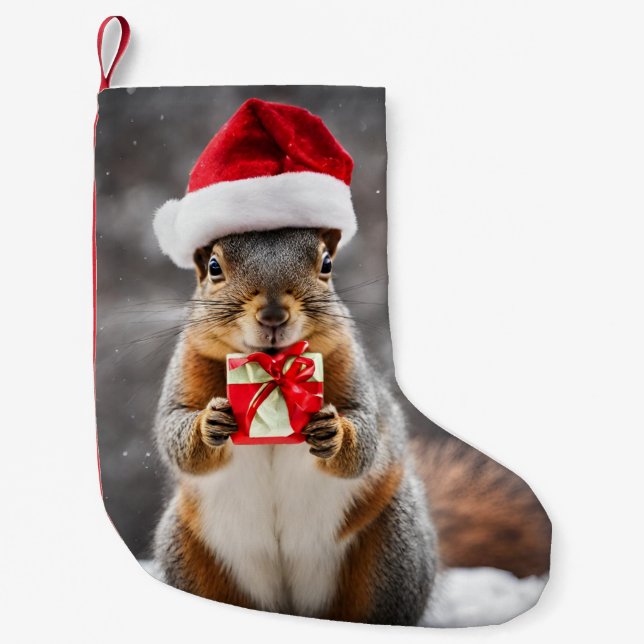 Calcetín Navideño Pequeño Navidades Fox Squirrel con un Sombrero (Anverso)
