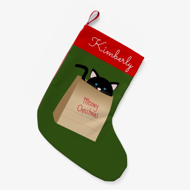 Calcetín Navideño Pequeño Navidades Gato Negro Fuera De La Bolsa (Frente (Colgado))