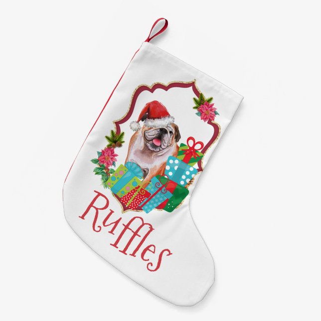 Calcetín Navideño Pequeño Navidades gorras vestidos de bulldog inglés (Frente (Colgado))