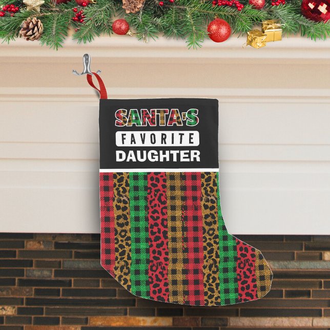Calcetín Navideño Pequeño Navidades graciosos de la hija favorita de Santa (santa's favorite daughter red green and brown buffalo plaid and leopard print Christmas stocking)