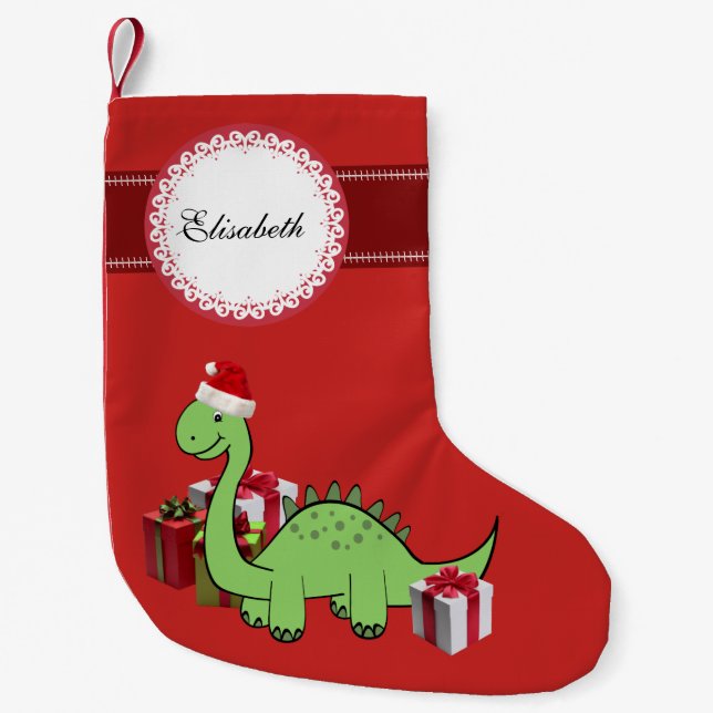 Calcetín Navideño Pequeño Navidades graciosos y bonitos de Santa dinosaurio  (Anverso)