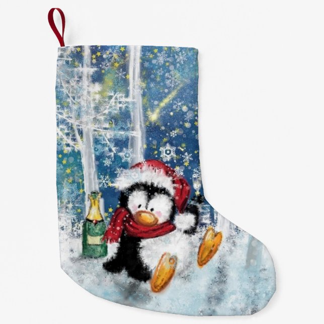 Calcetín Navideño Pequeño Navidades haciendo frente al pingüino feliz (Anverso)
