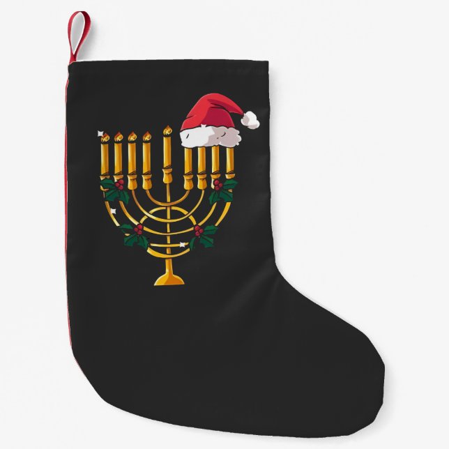 Calcetín Navideño Pequeño Navidades Hanukkah Jewish Santa Menorah (Anverso)