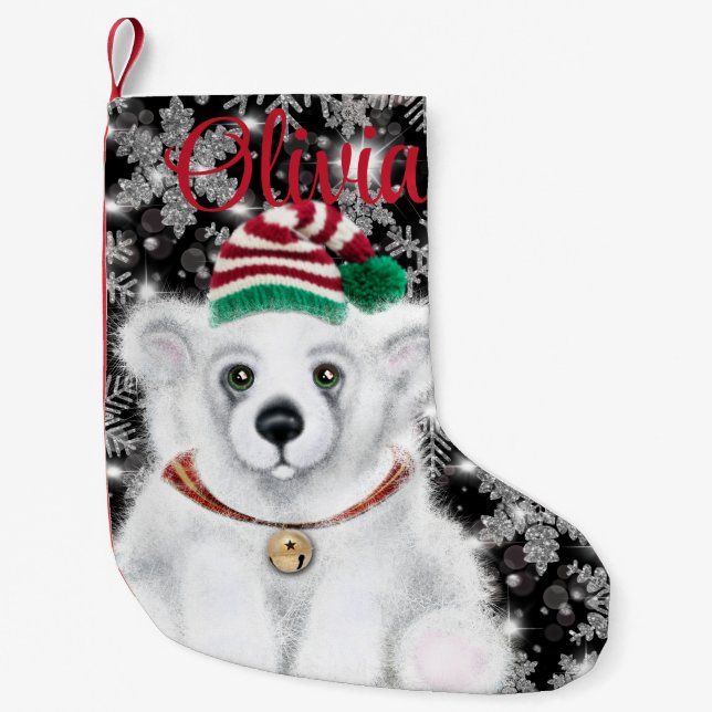 Calcetín Navideño Pequeño Navidades lindo oso polar cachorro, cachorro de os (Anverso)