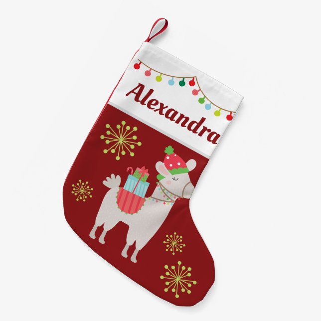 Calcetín Navideño Pequeño Navidades Llama con tu nombre (Frente (Colgado))