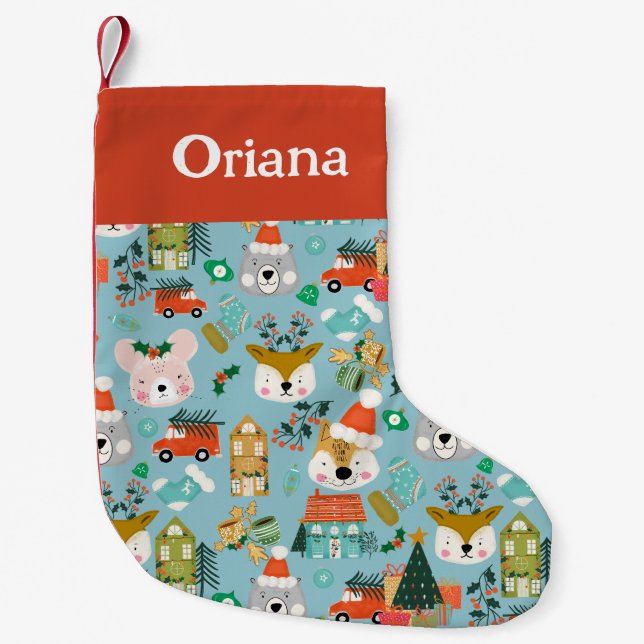 Calcetín Navideño Pequeño Navidades medias Woodland Cute Santa Animals (Anverso)