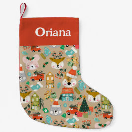 Calcetín Navideño Pequeño Navidades medias Woodland Santa Animals Beige