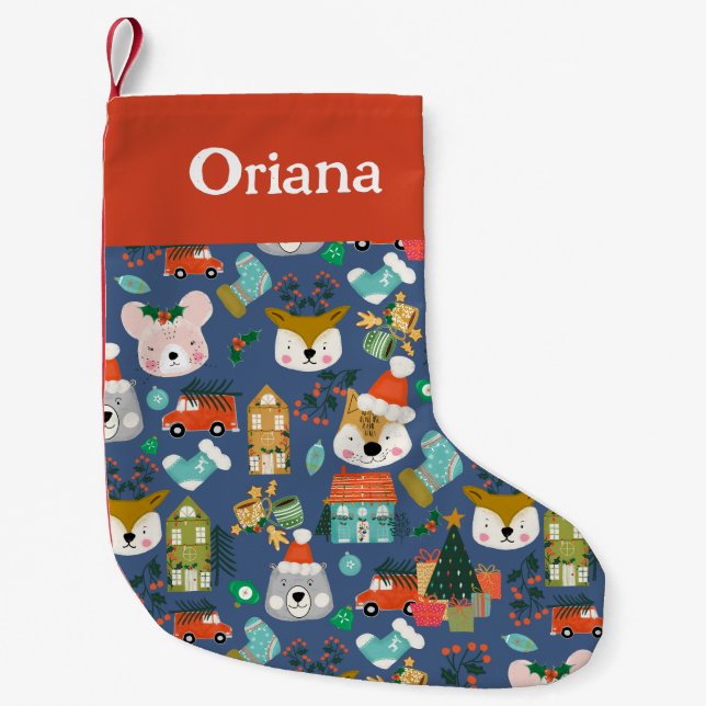 Calcetín Navideño Pequeño Navidades medias Woodland Santa Animals Blue (Anverso)