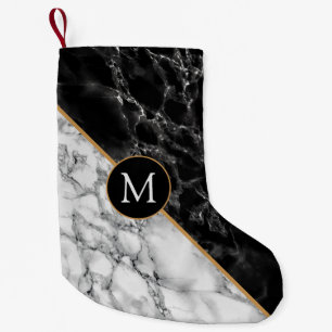 Calcetín Navideño Pequeño Navidades Monogramas de Mármol Blanco Negro descan