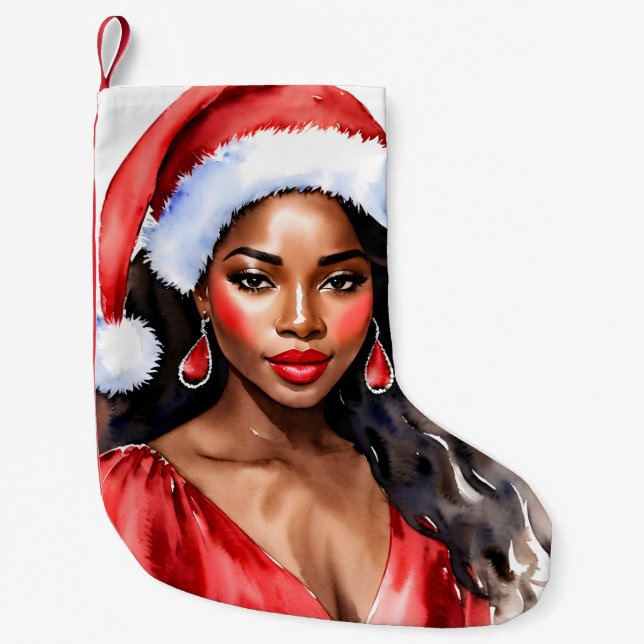 Calcetín Navideño Pequeño Navidades Mujer negra Santa Hat (Anverso)