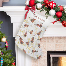 Calcetín Navideño Pequeño Navidades Music Violins Gold Musical Notes Name