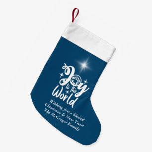 Calcetín Navideño Pequeño Navidades Natividad Alegría por el mundo azul y bl