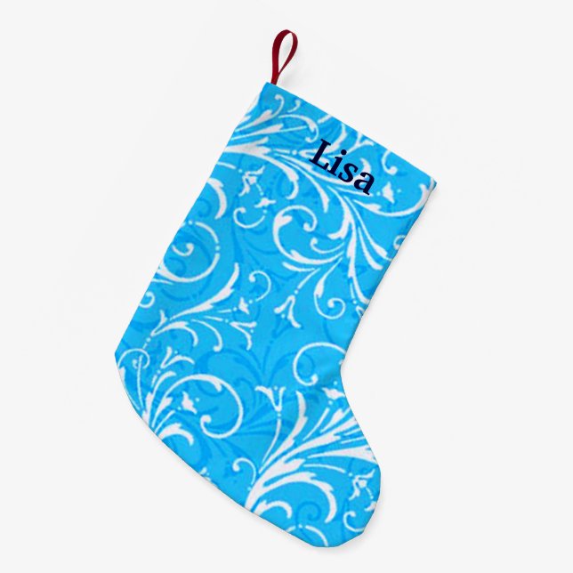Calcetín Navideño Pequeño Navidades ornamentales azules personalizados desca (Frente (Colgado))