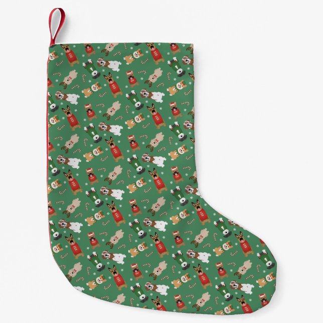 Calcetín Navideño Pequeño Navidades Patrón de perros Rojo Verde (Anverso)