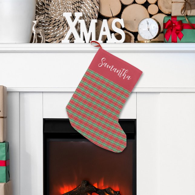 Calcetín Navideño Pequeño Navidades Patrón rojo y verde personalizado (Christmas holiday red and green plaid pattern calligraphy script stocking)