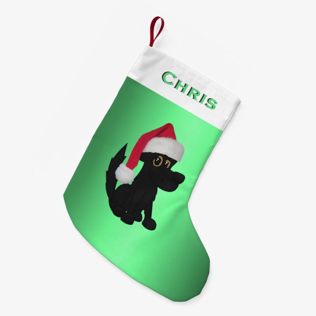 Calcetín Navideño Pequeño Navidades Perro negro Verde Personalizado (Frente (Colgado))
