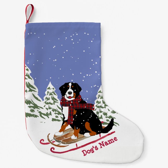 Calcetín Navideño Pequeño Navidades personalizados Bernese Mt Dog Sledding (Anverso)