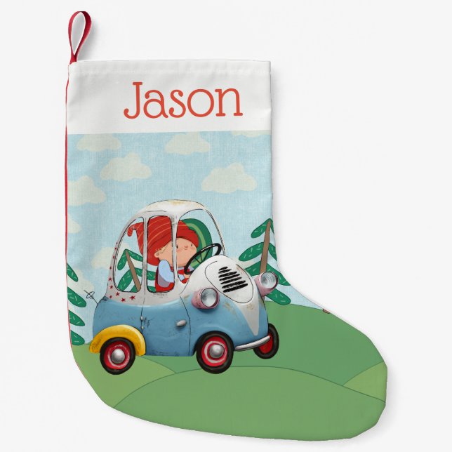 Calcetín Navideño Pequeño Navidades personalizados de pie - Elf en un auto (Anverso)