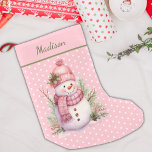 Calcetín Navideño Pequeño Navidades Personalizados de Punto Polka de Snowman<br><div class="desc">Navidades Personalizados De Punto Polka De Snowman Rosado Vintage Se Resistieron. ¡Listo para ser personalizado!</div>