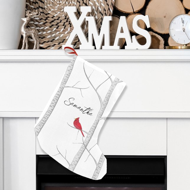Calcetín Navideño Pequeño Navidades personalizados del cardenal rojo de invi (Winter red cardinal birch tree holiday stocking)