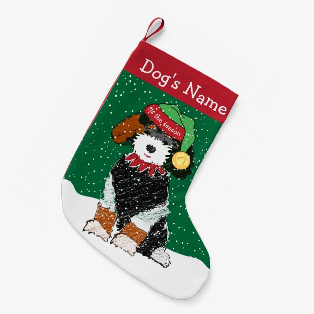 Calcetín Navideño Pequeño Navidades personalizados Elf Bernedoodle (Frente (Colgado))