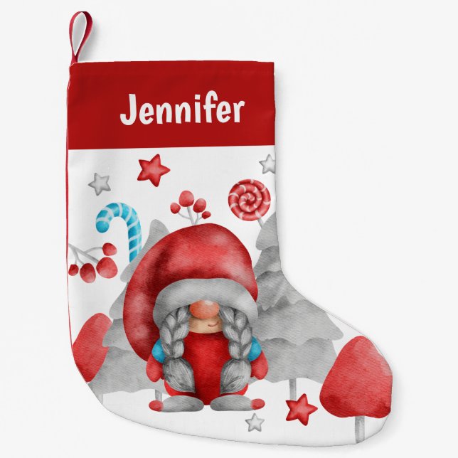 Calcetín Navideño Pequeño Navidades personalizados Gnome Femenino (Anverso)