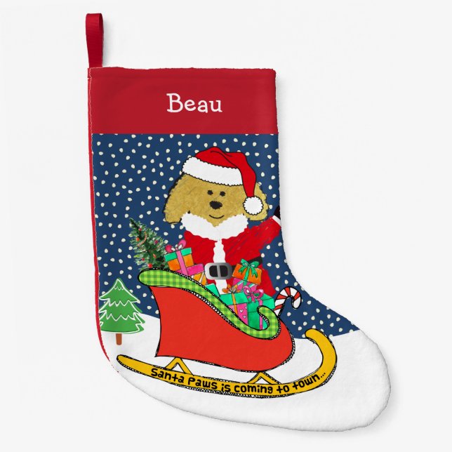 Calcetín Navideño Pequeño Navidades personalizados GoldenDoodle Santa Sleigh (Anverso)