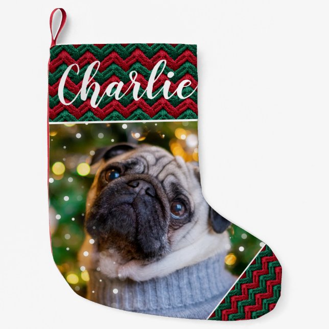 Calcetín Navideño Pequeño Navidades personalizados Knit Mascota Stocking (Anverso)
