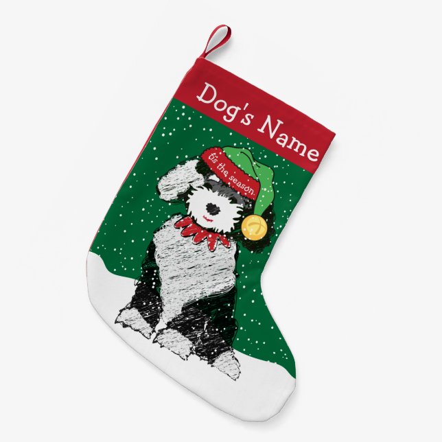 Calcetín Navideño Pequeño Navidades personalizados Sheepadoodle Elf (Frente (Colgado))