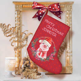 Calcetín Navideño Pequeño Navidades Pig Cute Piglet Bow Wreath Polka Dots