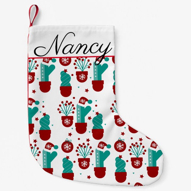 Calcetín Navideño Pequeño Navidades Plantas Cactus Greenery Whimisical (Anverso)