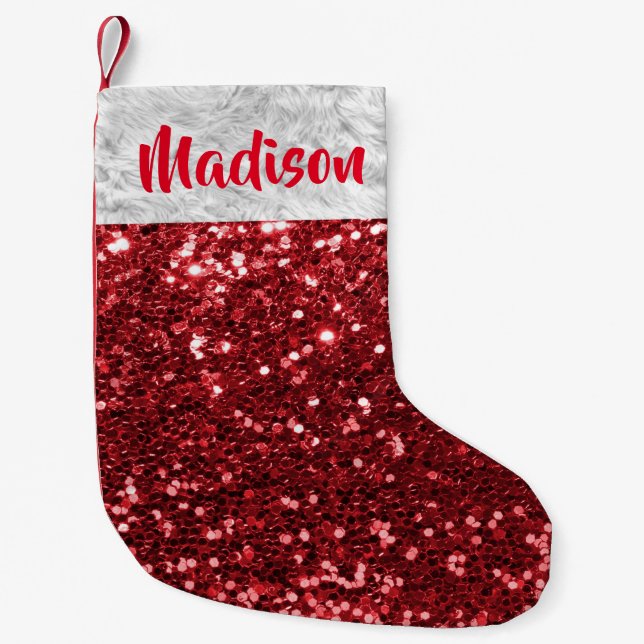 Calcetín Navideño Pequeño Navidades Purpurina Sequin Glam rojo Personalizado (Anverso)