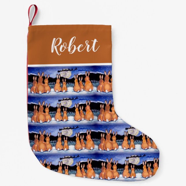 Calcetín Navideño Pequeño Navidades Rabbit Moon Blue Tan Mirada Rústica al I (Anverso)