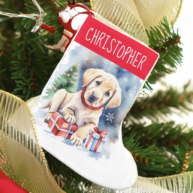 Calcetín Navideño Pequeño Navidades recuperadores de Labrador regalos para p (Labrador retriever puppy personalized Christmas stockings watercolor cute puppy with gifts pet lover)