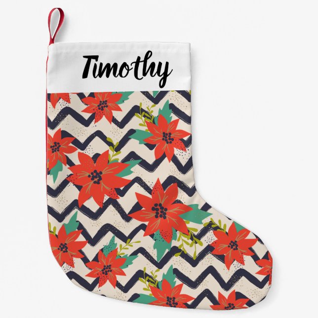 Calcetín Navideño Pequeño Navidades Red Poinsettia Chevron Blanco y Negro (Anverso)