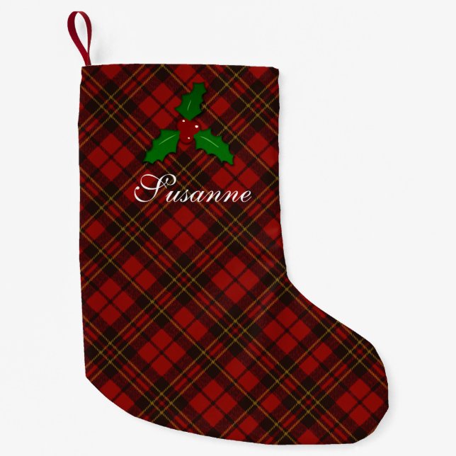 Calcetín Navideño Pequeño Navidades Red tartan plaid holly twig texto Person (Anverso)