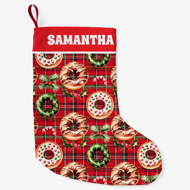 Calcetín Navideño Pequeño Navidades Retro Rojo Donan Red Tartán Plaid (Anverso)