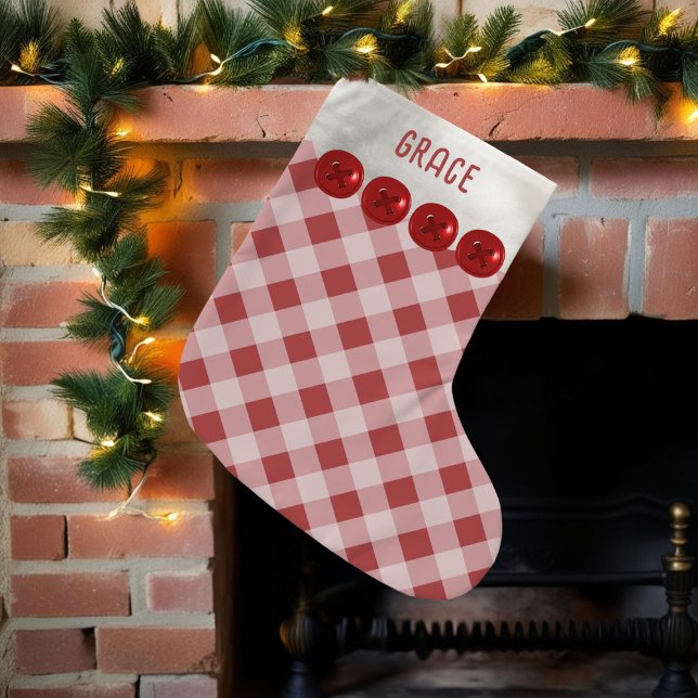 Calcetín Navideño Pequeño Navidades rojos y blancos con manchas de búfalo le (Add your name to this red and white buffalo plaid Christmas stocking)