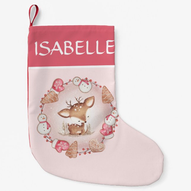 Calcetín Navideño Pequeño Navidades rosados de Gingerbread Deer Cute (Anverso)