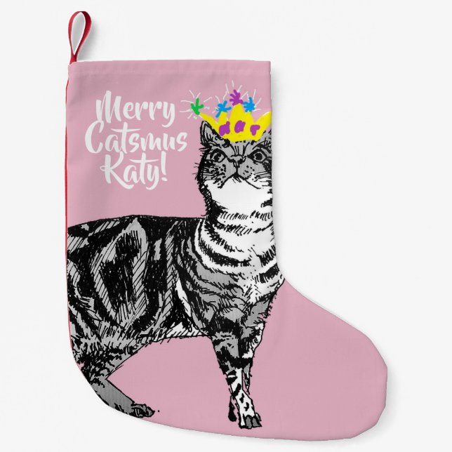 Calcetín Navideño Pequeño Navidades rosados tabby Cat Merry Catsmus (Anverso)