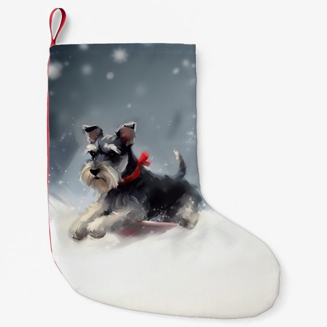 Calcetín Navideño Pequeño Navidades Schnauzer en miniatura en invierno (Anverso)