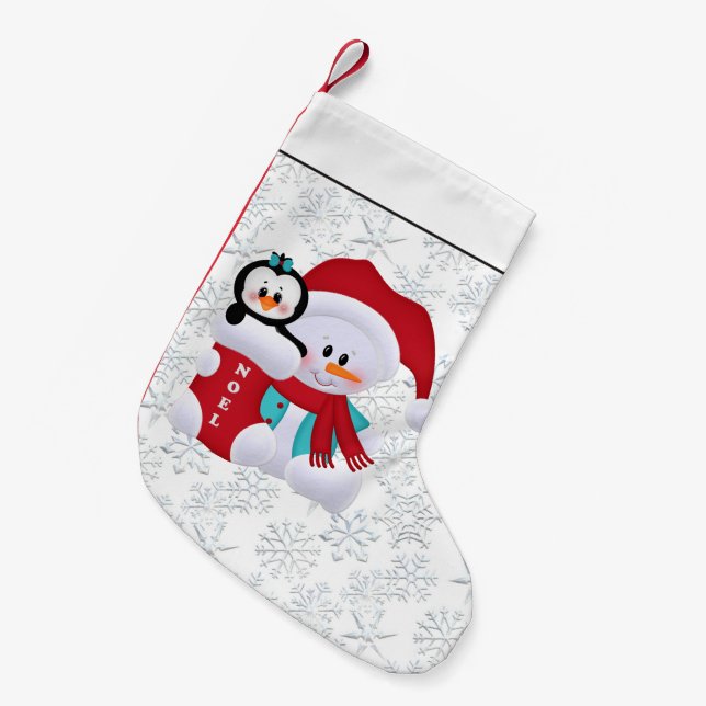 Calcetín Navideño Pequeño Navidades snowman Holiday sembrando copos de nieve (Frente (Colgado))