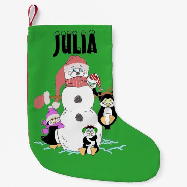 Calcetín Navideño Pequeño Navidades Snowman Y Penguins (Anverso)