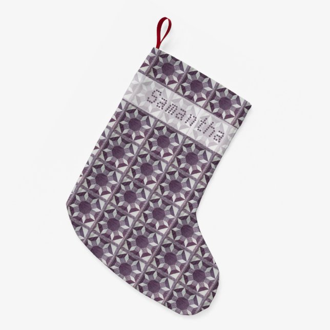 Calcetín Navideño Pequeño Navidades Stocking - Purple Quilt patrón y nombre (Frente (Colgado))