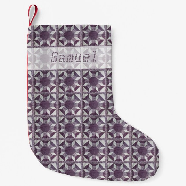 Calcetín Navideño Pequeño Navidades Stocking - Purple Quilt patrón y nombre (Anverso)