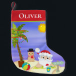 Calcetín Navideño Pequeño Navidades Summer Santa Beach Niños personalizados<br><div class="desc">Este diseño cuenta con una bonita playa de Navidades de verano con un Santa tropical con palmeras festivas y un muñeco de nieve de arena en la playa. Perfecto para los que celebran un Navidad tropical o de verano. Personalizado editando el texto en la caja de texto. Navidades. Feliz Navidad....</div>