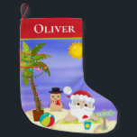 Calcetín Navideño Pequeño Navidades Summer Santa Beach Niños personalizados<br><div class="desc">Este diseño cuenta con una bonita playa de Navidades de verano con un Santa tropical con palmeras festivas y un muñeco de nieve de arena en la playa. Perfecto para los que celebran un Navidad tropical o de verano. Personalizado editando el texto en la caja de texto. Navidades. Feliz Navidad....</div>