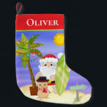 Calcetín Navideño Pequeño Navidades Summer Santa Beach Surfing Personalizado<br><div class="desc">Este diseño cuenta con una bonita playa de Navidades de verano con un Santa de surf tropical con palmeras festivas y snowman de arena en la playa. Perfecto para los que celebran un Navidad tropical o de verano. Navidades. Feliz Navidad. masajeo de cristales. diversión. personalización. nombre personalizado. decoración de casa....</div>